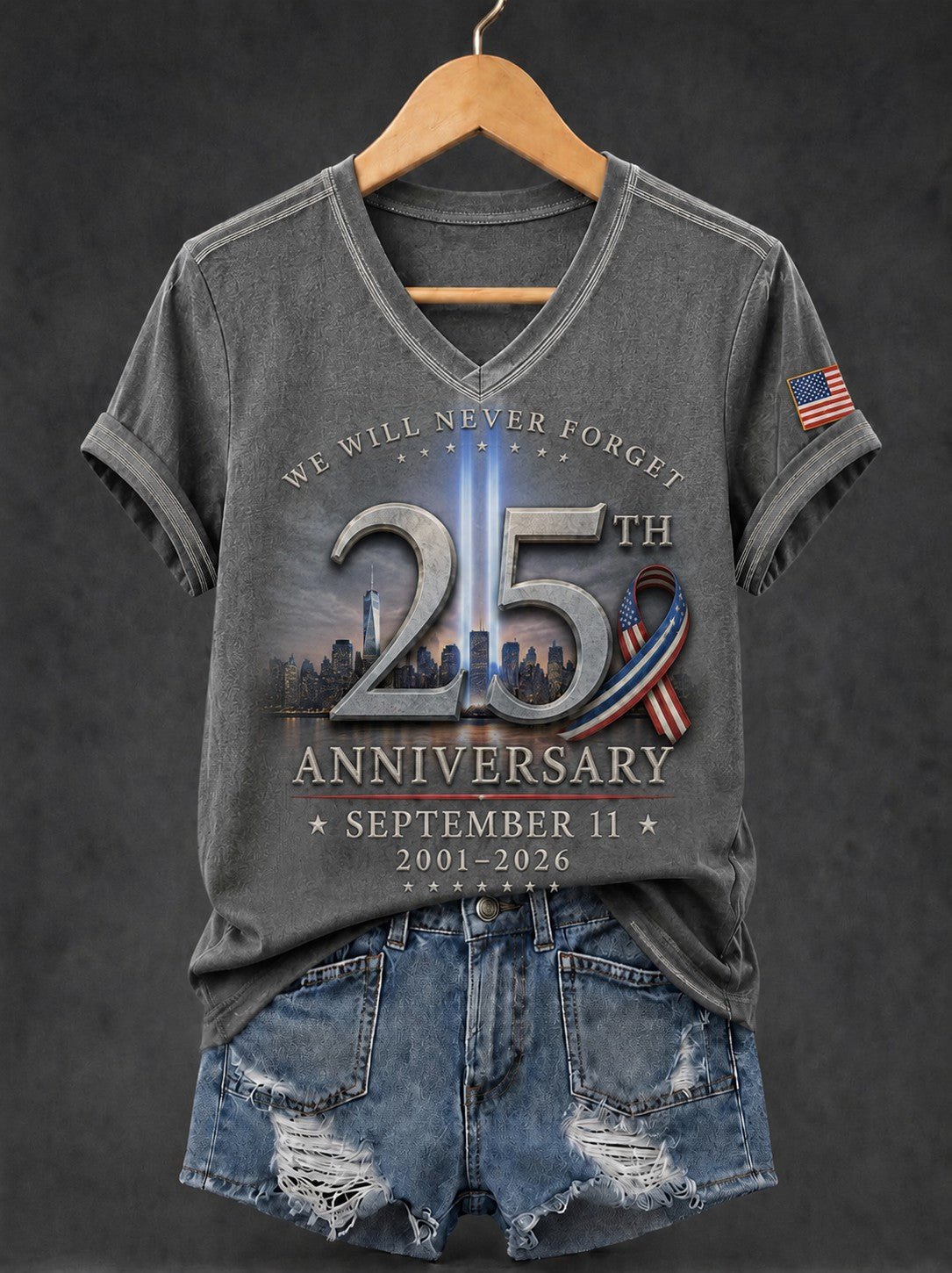 Women's 9.11 Never Forget Printed V-neck T-shirt