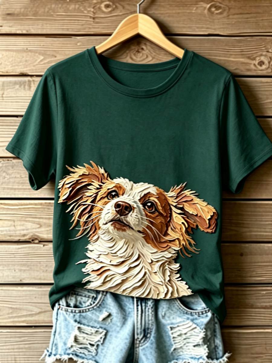 Women's STOP ANIMAL ABUSE Wangwang V-neck off-shoulder short-sleeved T-shirt