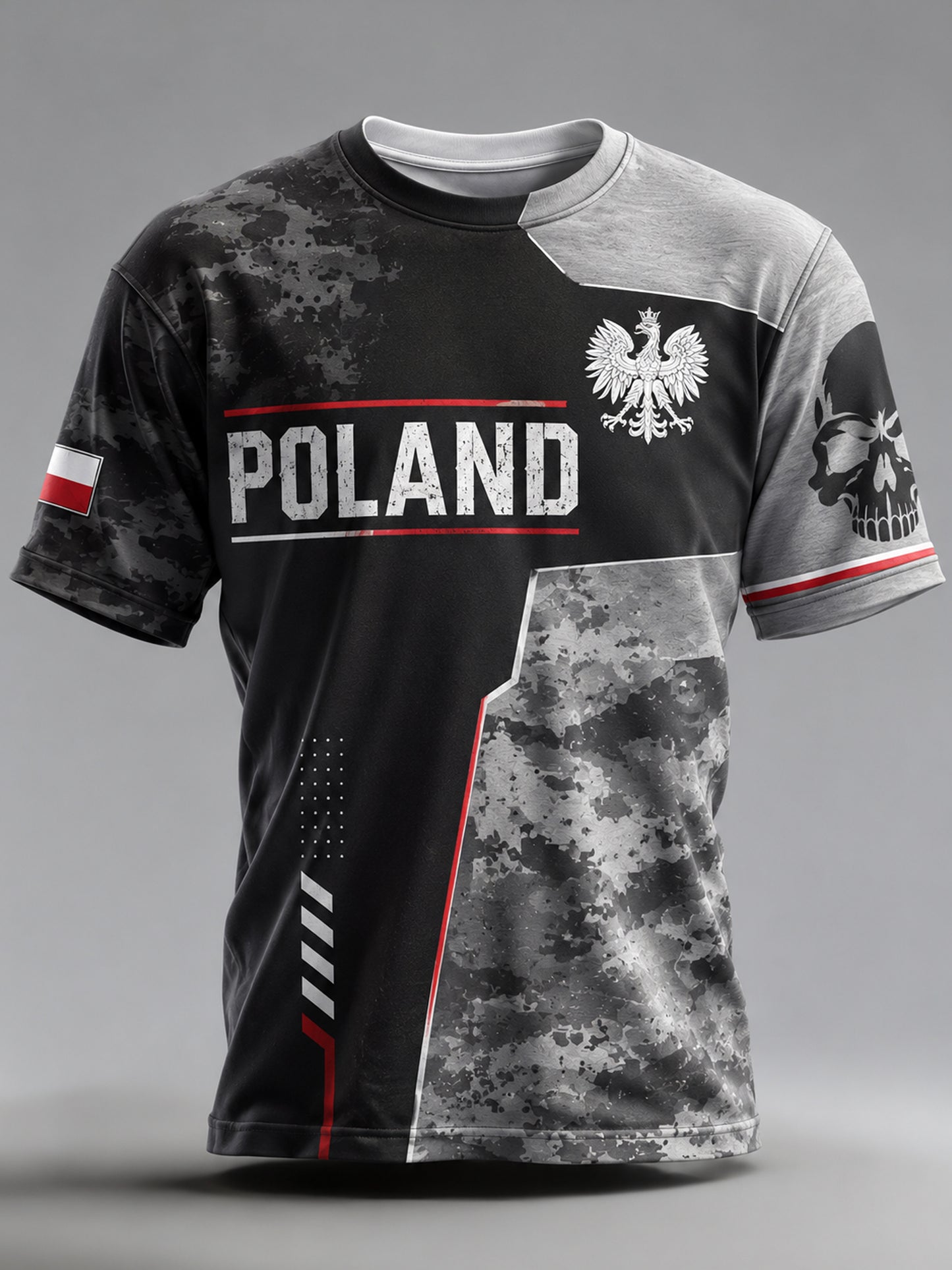 Męski T-shirt z polskimi elementami kamuflażowymi i artystycznym panelowym nadrukiem