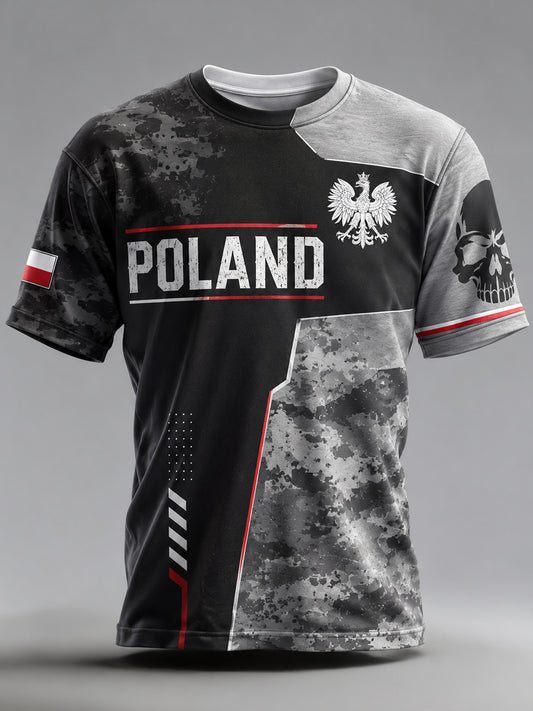 Męski T-shirt z polskimi elementami kamuflażowymi i artystycznym panelowym nadrukiem