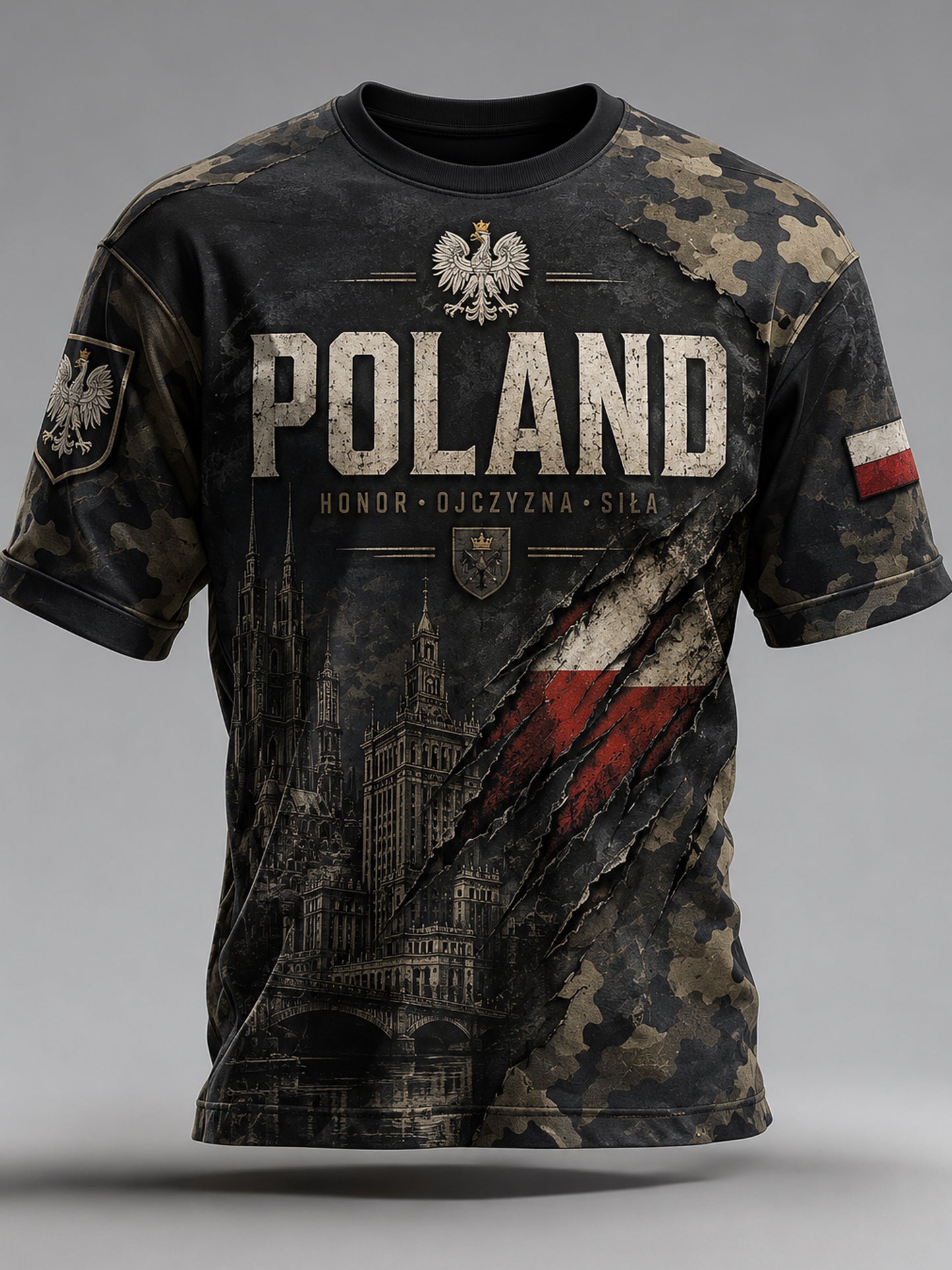 Męski T-shirt z polskimi elementami kamuflażowymi i artystycznym nadrukiem „Military Force”