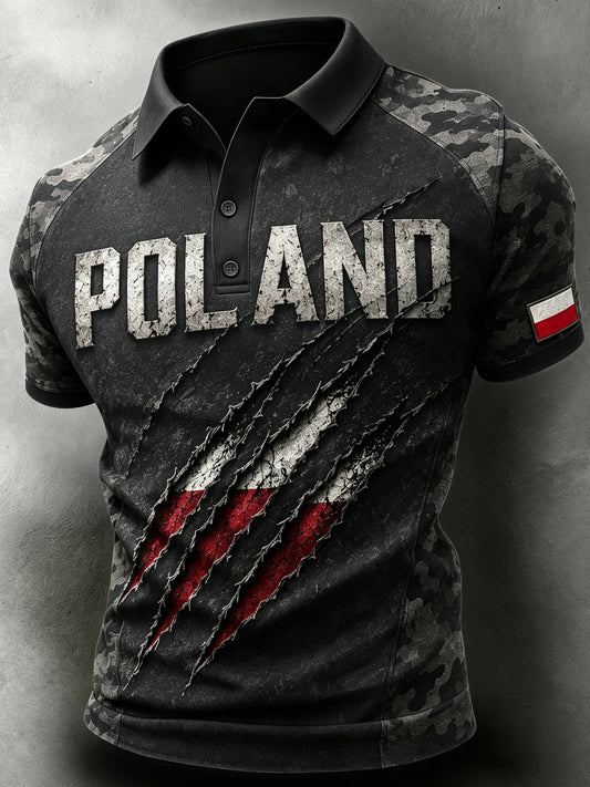 Męski koszulowy polo w wojskowym stylu z polskim kamuflażem patchworkowym