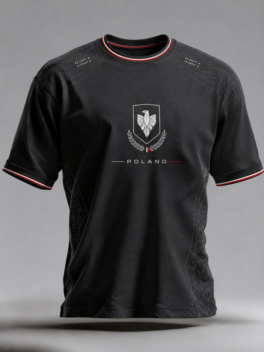 Męski T-shirt z polskimi elementami kamuflażowymi i artystycznym nadrukiem „Military Force”
