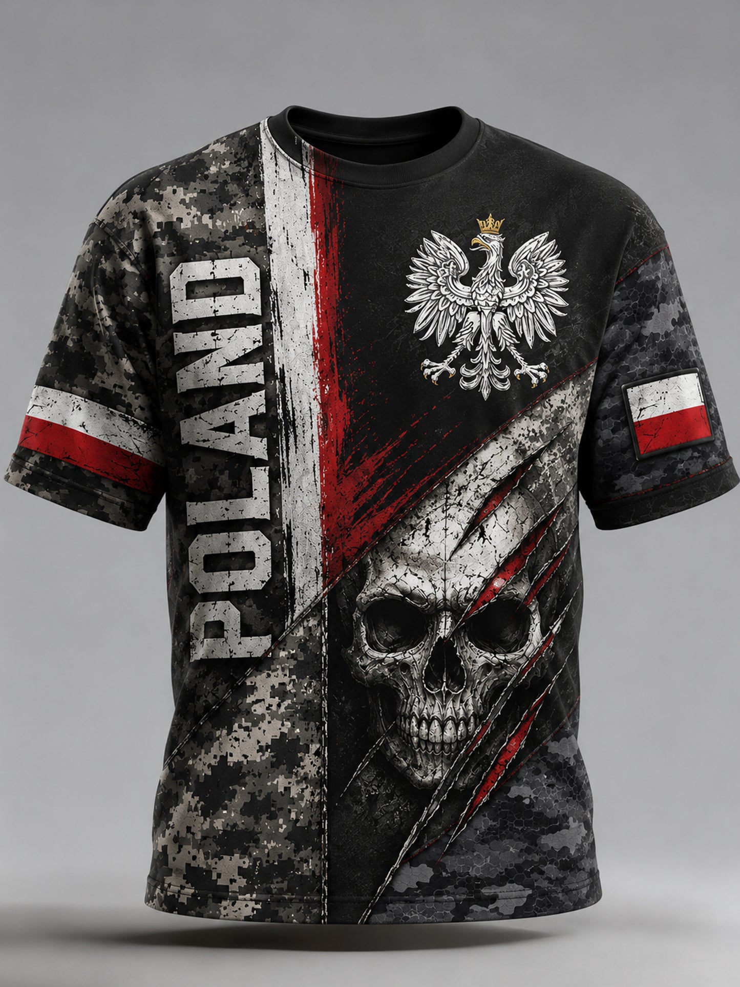 Męski T-shirt z polskimi elementami kamuflażowymi i artystycznym nadrukiem „Military Force”