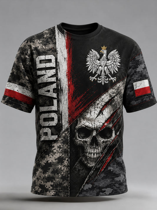 Męski T-shirt z polskimi elementami kamuflażowymi i artystycznym nadrukiem „Military Force”