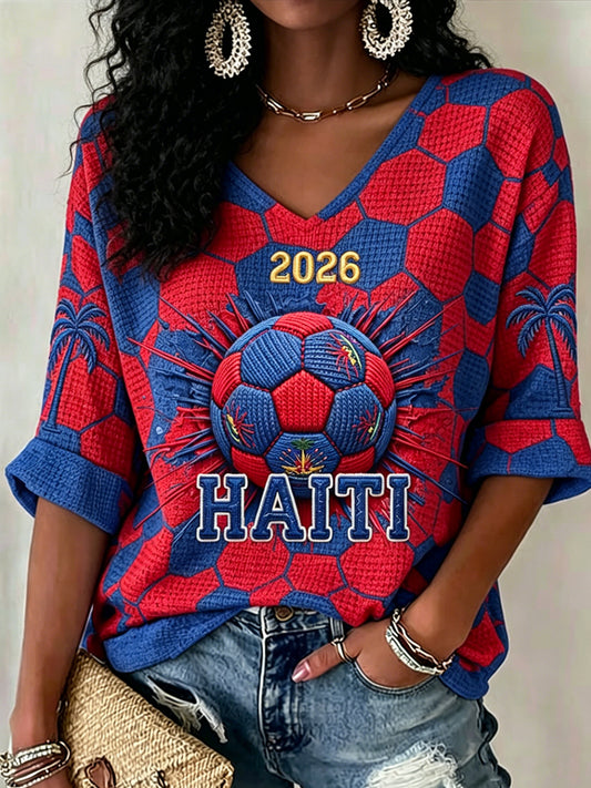 Women's V-neck Mid-Sleeve Haitian Football Printed Casual T-shirt