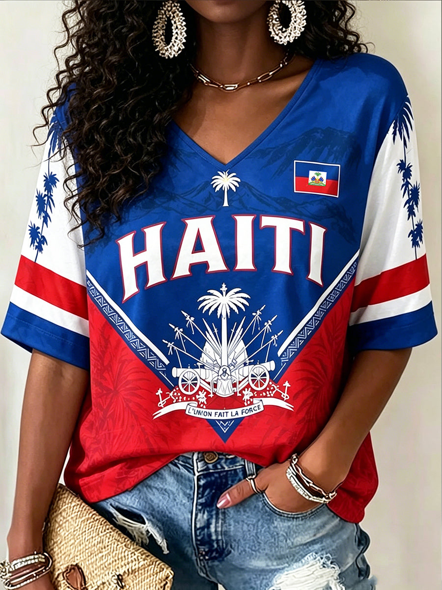 Women's V-neck Mid-Sleeve Haitian Football Printed Casual T-shirt