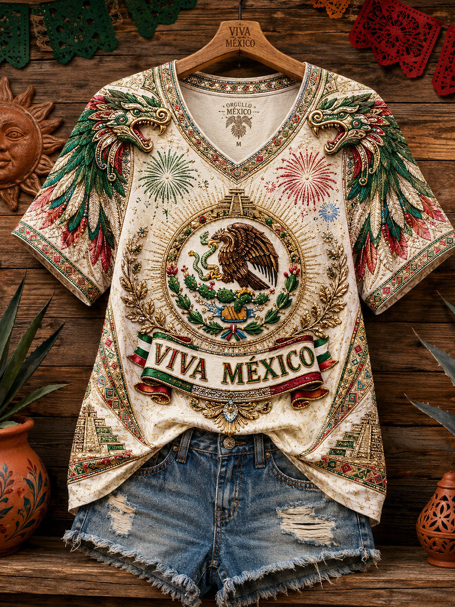 Women's Mexico Pride Art Printed Linen T-shirt