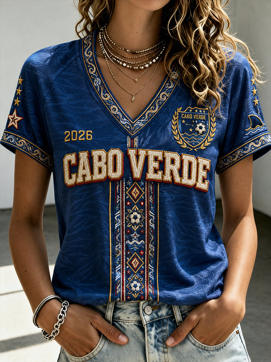 Women's Cape Verde Football V-Neck Off-Shoulder Short-Sleeved T-Shirt