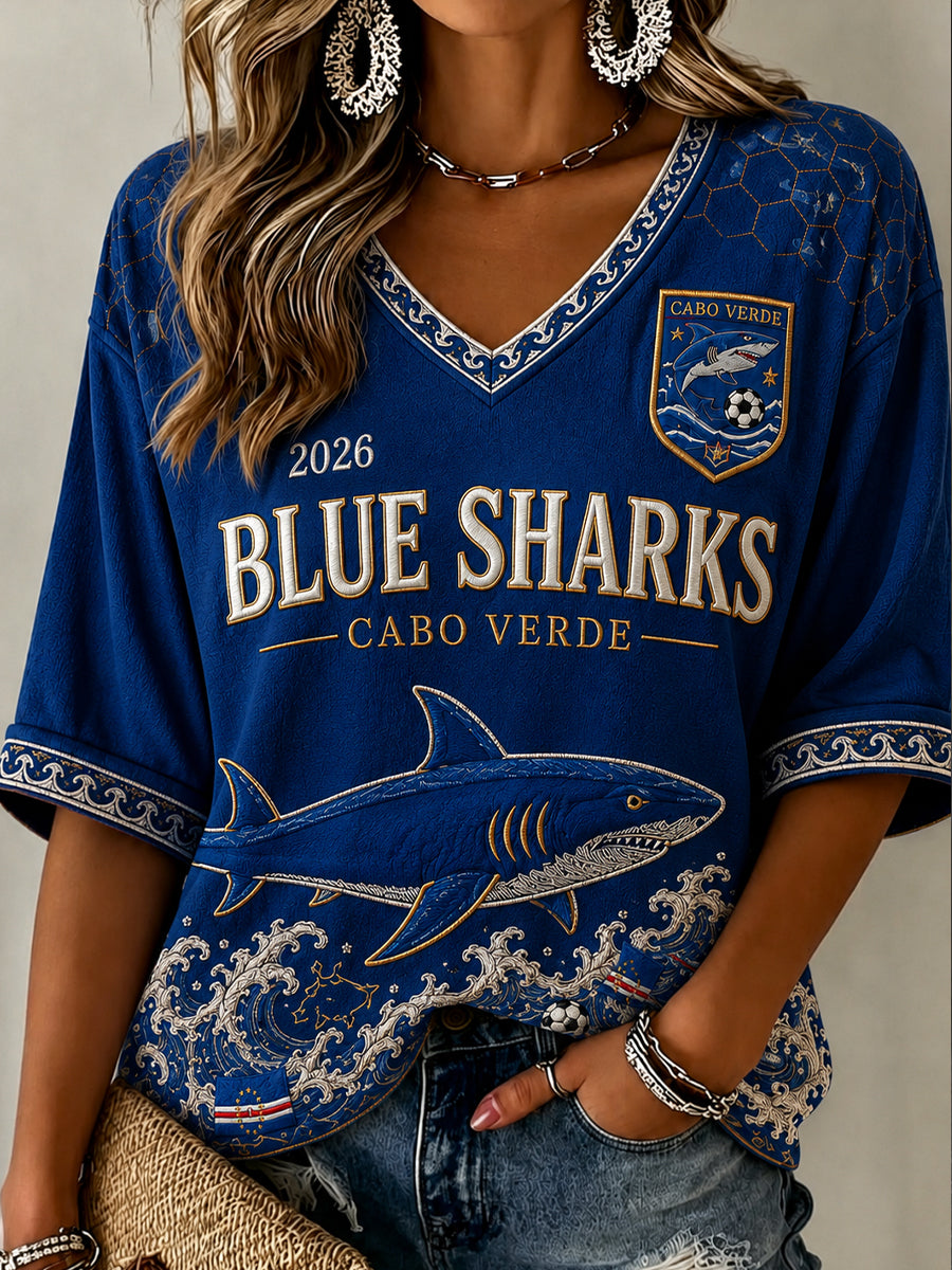 Women's  Cape Verde Football Pattern Linen V-Neck Shirt