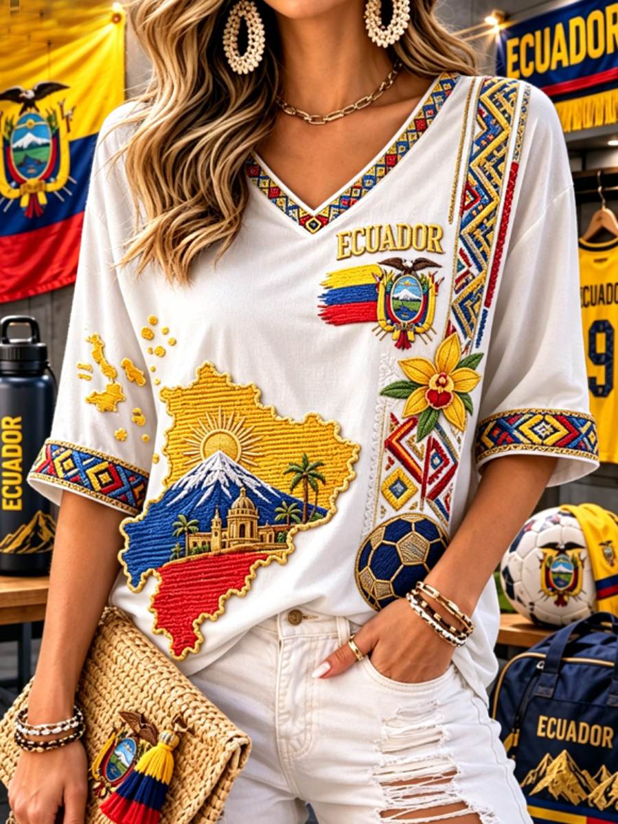 Women's Mid-length Sleeves V-Neck T-Shirt