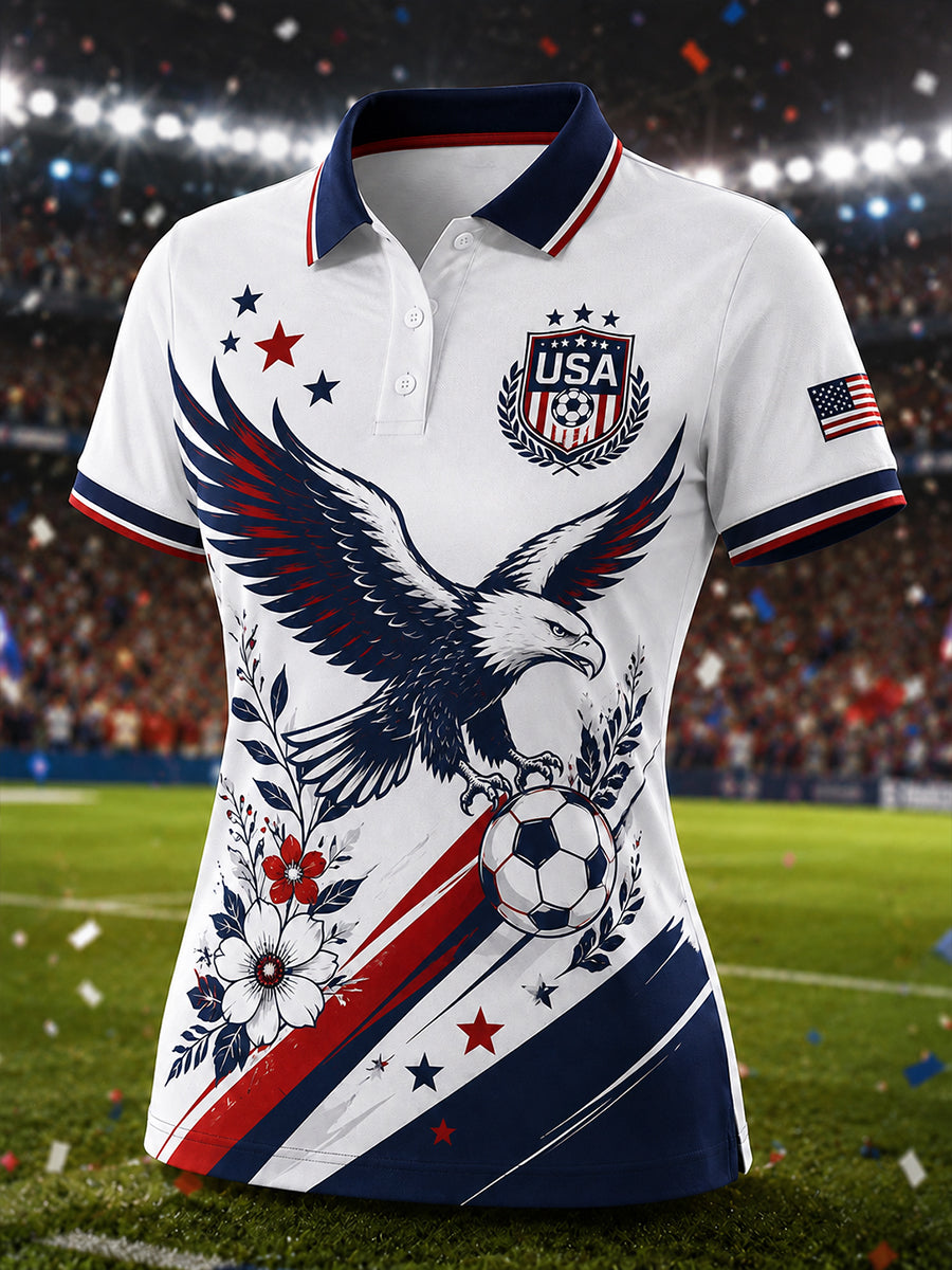 Women's Short-Sleeved Polo Shirt With Artistic Football Print