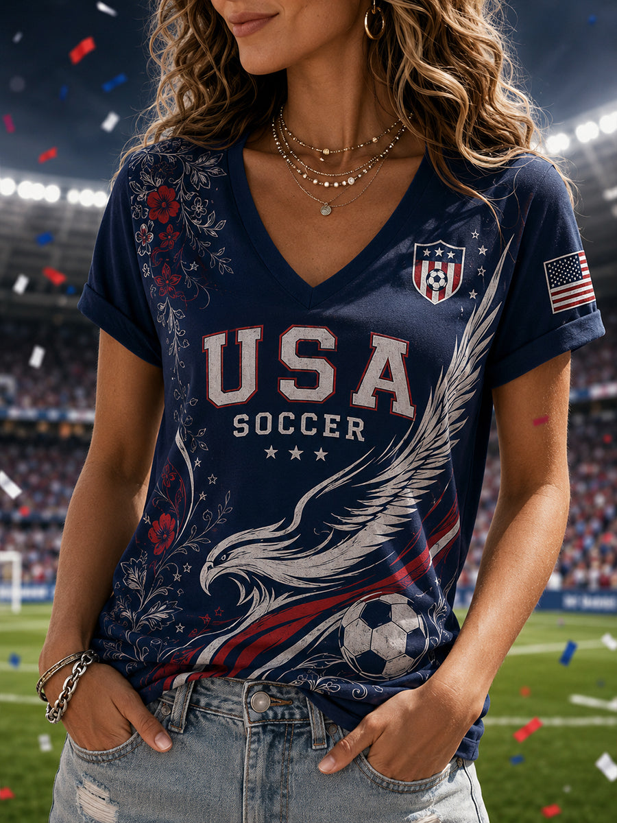 Women's Artistic Football-Themed Print V-Neck Short-Sleeved Top