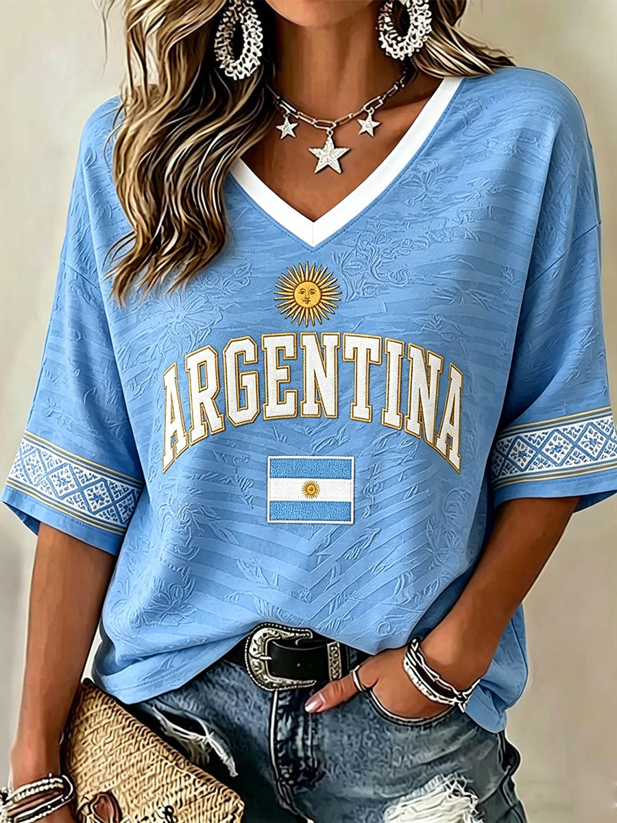Women's Argentina Football Fan Mid-length Sleeves V-Neck T-Shirt