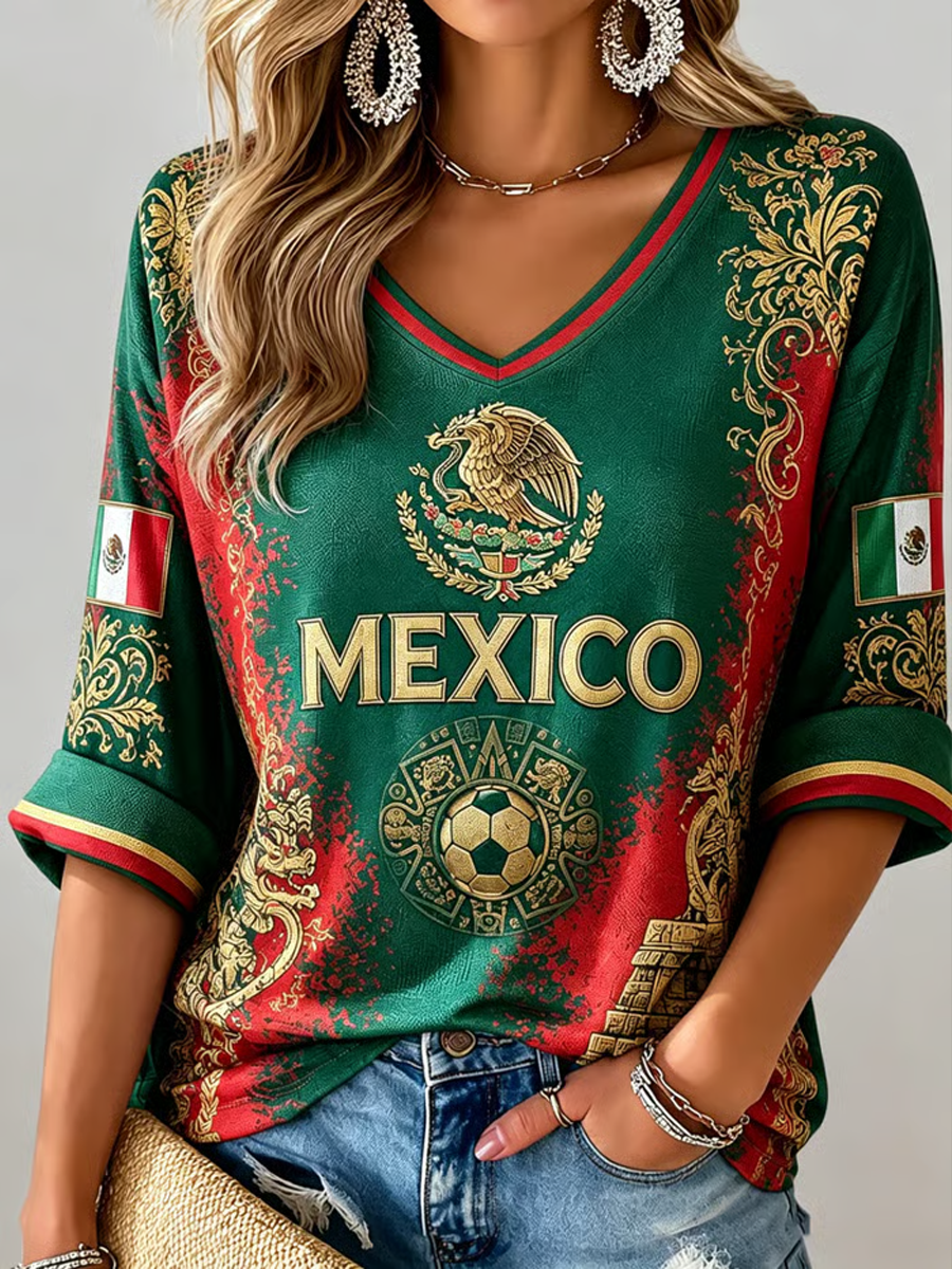 Women's Mexico Football Printed Mid-length Sleeves V-Neck T-Shirt
