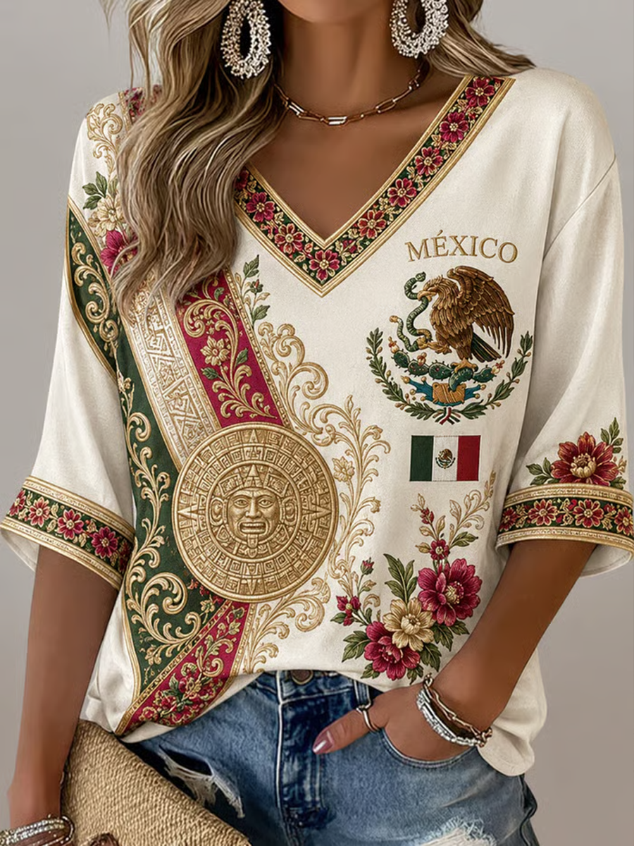Women's Mexico Football Printed Mid-length Sleeves V-Neck T-Shirt