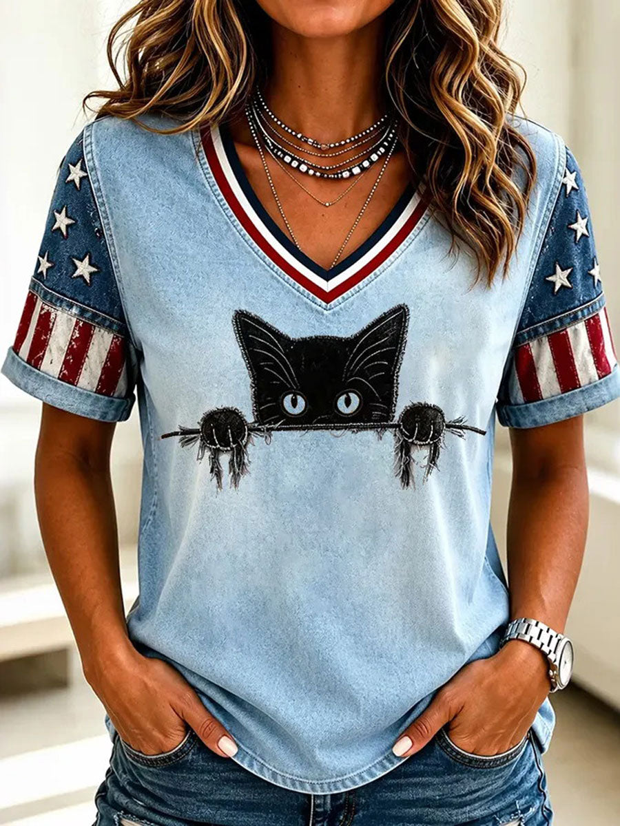 Women's American Flag Cat Print Casual T-Shirt
