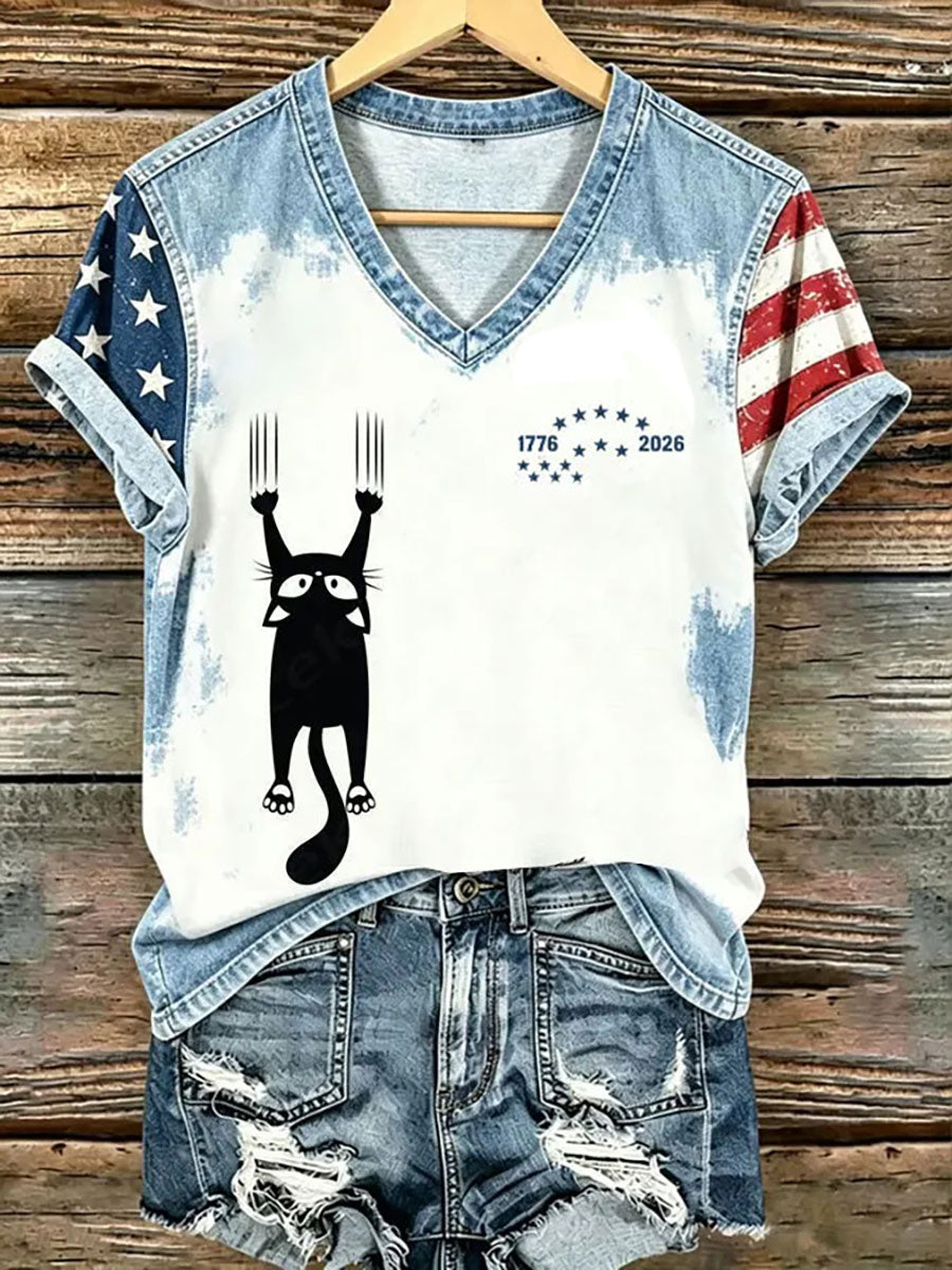 Women's American Flag Cat Print Casual T-Shirt