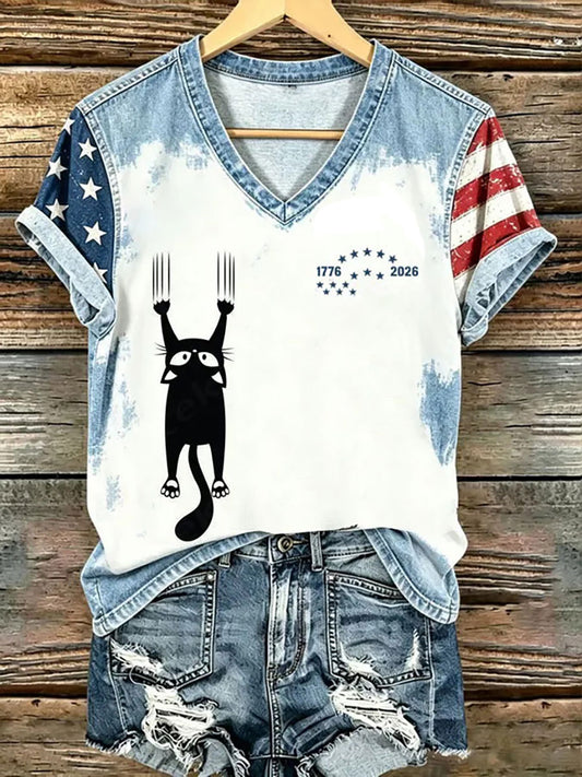 Women's American Flag Cat Print Casual T-Shirt