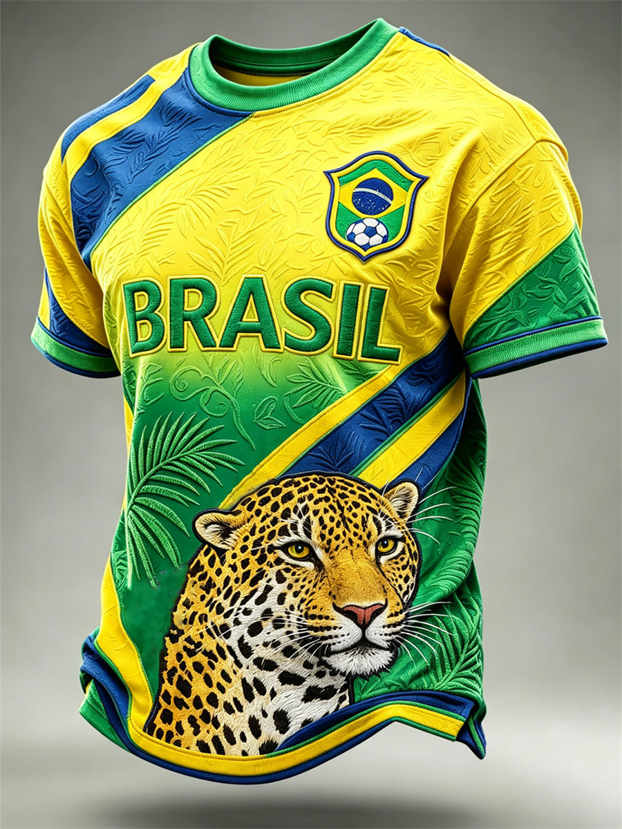 Men's Brasil Football Leopard & Leaves Colorblock Art Print short sleeves t-shirt