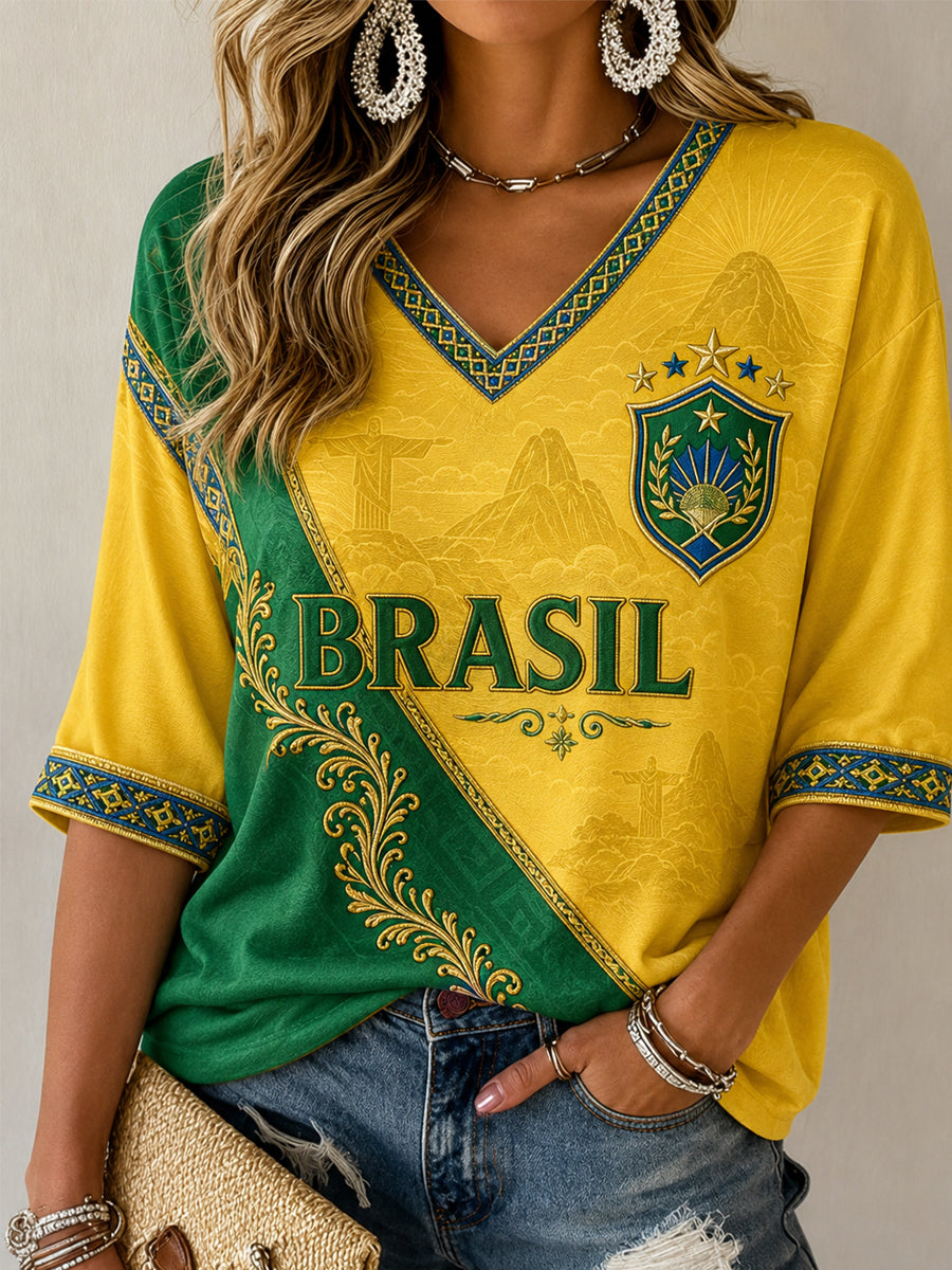 Women's Gift For Football Fans Print Casual Half-Sleeve V-Neck T-Shirt