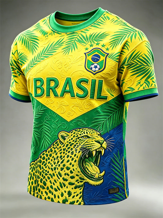 Men's Brasil Football Leopard & Leaves Colorblock Art Print short sleeves t-shirt