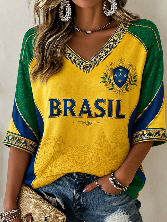 Women's Gift For Football Fans Print Casual Half-Sleeve V-Neck T-Shirt