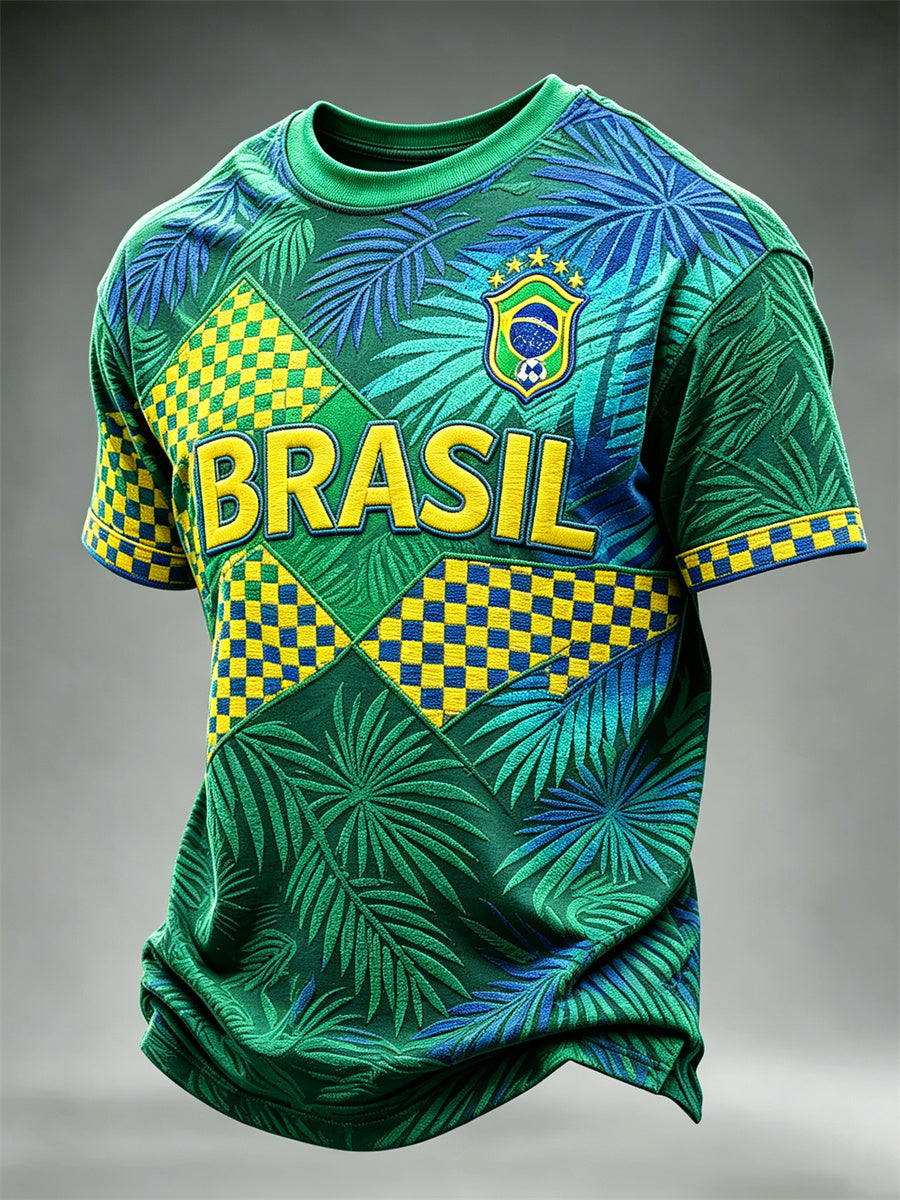 Men's Brasil Football Leaves Check Pattern Colorblock Art Print short sleeves t-shirt