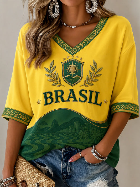 Women's Gift For Football Fans Print Casual Half-Sleeve V-Neck T-Shirt