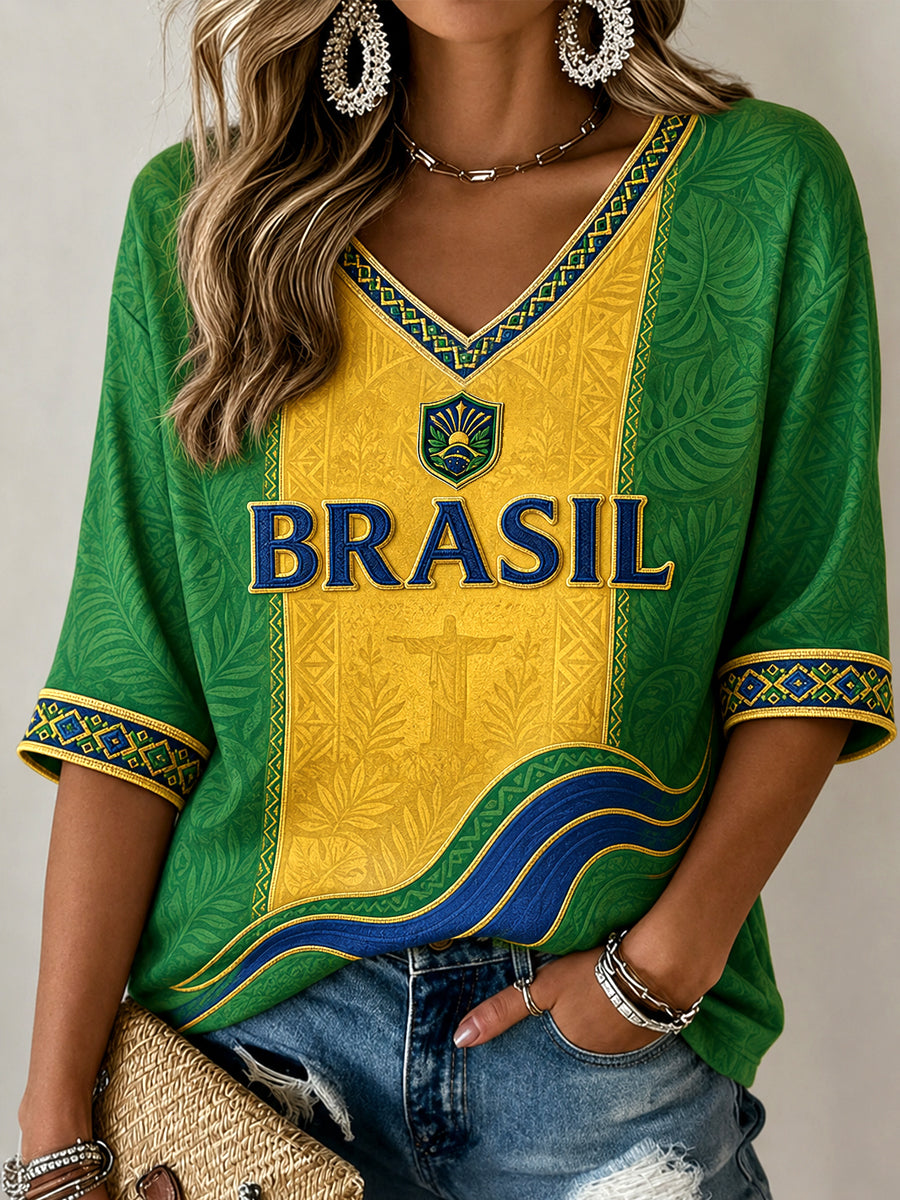 Women's Gift For Football Fans Print Casual Half-Sleeve V-Neck T-Shirt