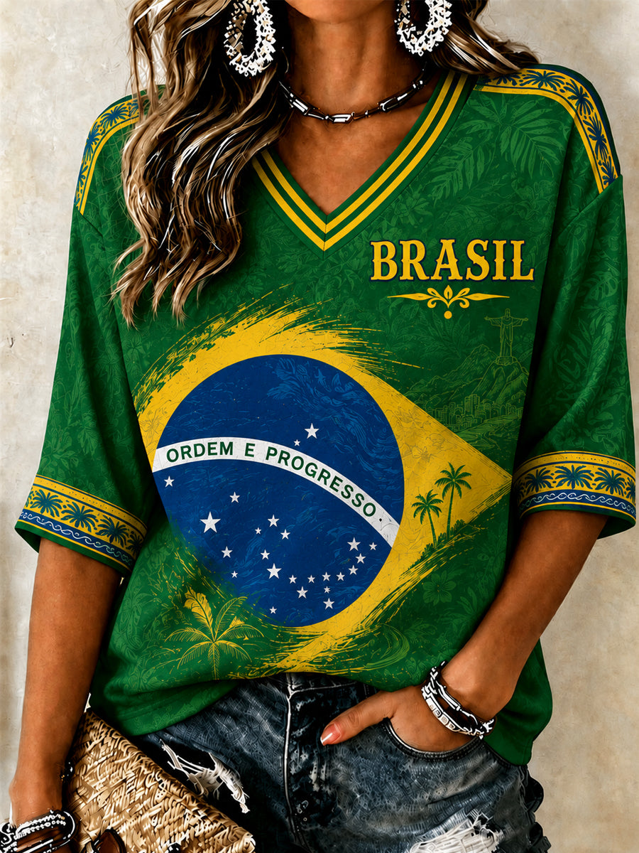 Women's Brazil Football Fan Gift Art  Mid-length Sleeves V-Neck T-Shirt