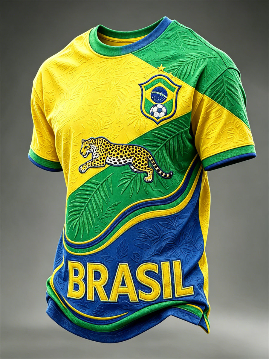 Men's Brasil Football Leopard & Leaves Colorblock Art Print short sleeves t-shirt