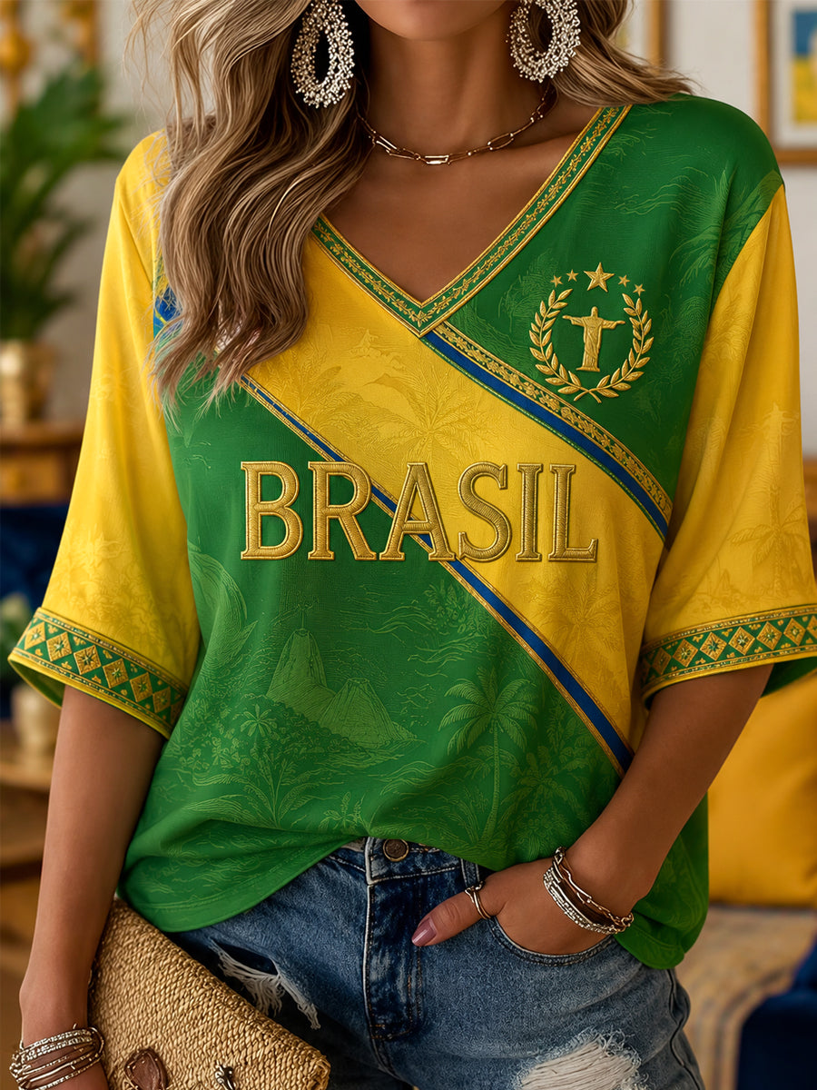 Women's Brasil Print Casual Half-Sleeves V-Neck T-Shirt