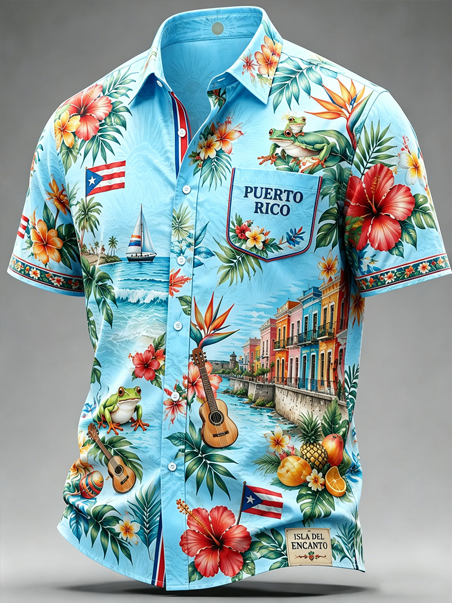 Men's Puerto Rico Ice Cream Cotton Summer Casual Beach Shirt Short Sleeve