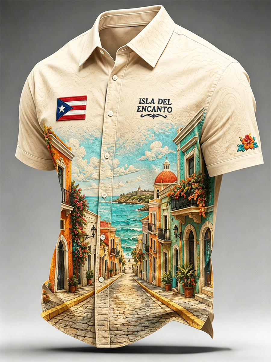 Men's Puerto Rico Ice Cream Cotton Summer Casual Beach Shirt Short Sleeve