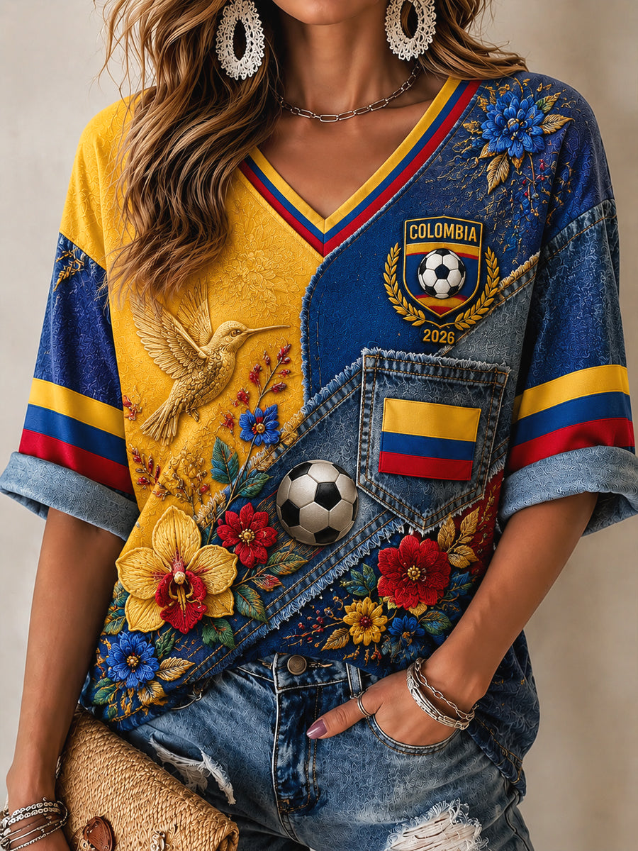 Women's 2026 Colombia Soccer Floral Patchwork V-Neck T-Shirt