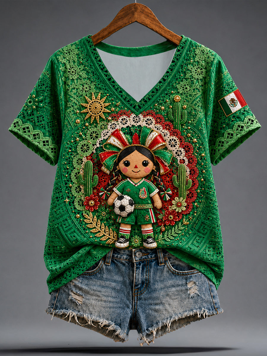 Women's Mexico Football Lover Lele Doll Art Printed T-shirt
