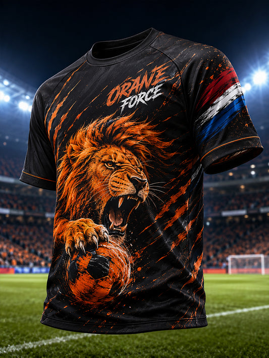 Men's Short-Sleeve Raglan T-Shirt With Lion And Soccer-Themed Print