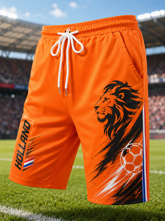 Men's Lion And Soccer-Themed Print Shorts
