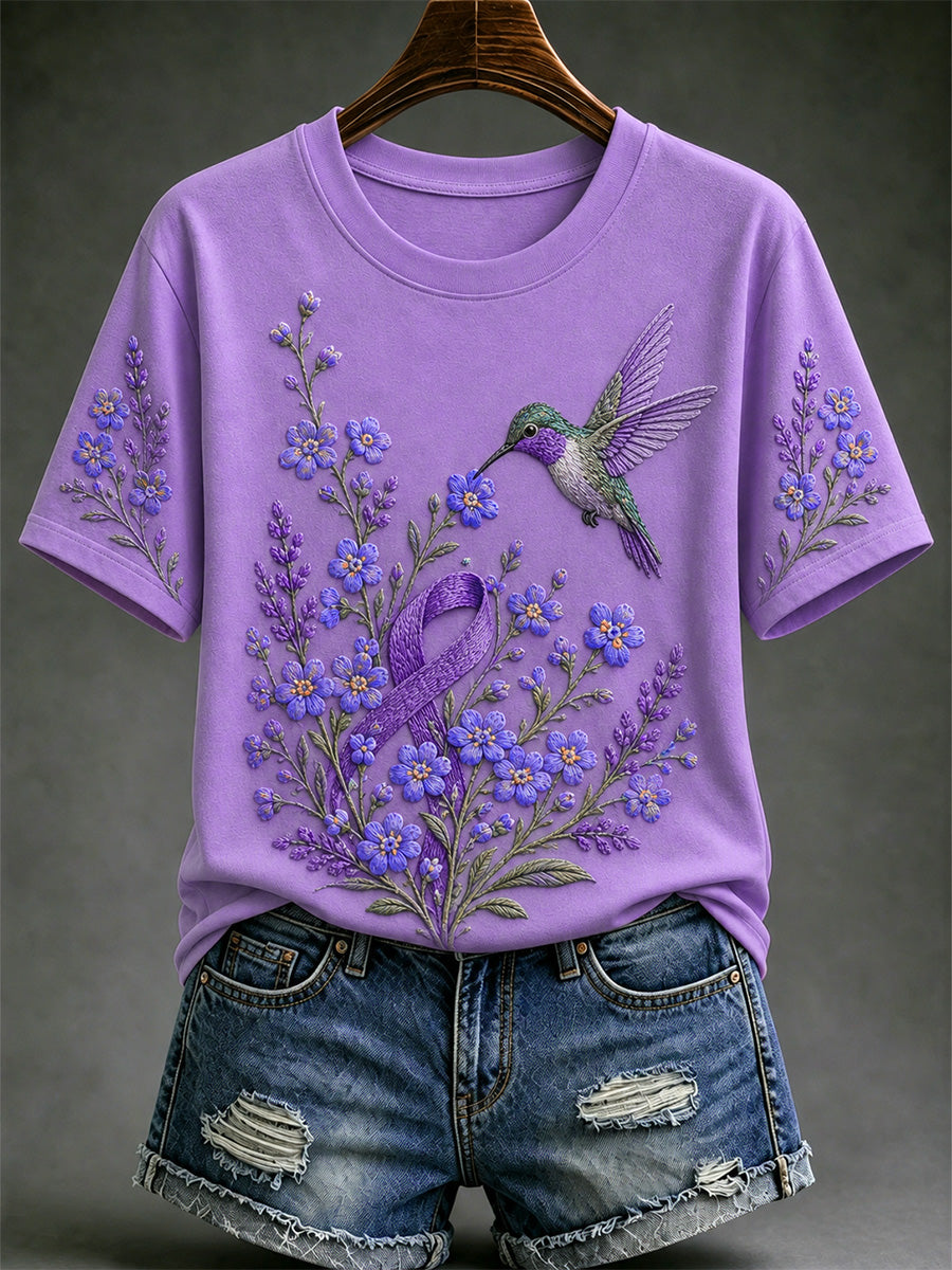 Women's Purple Floral & Hummingbird Print Alzheimer's Awareness Support Tee