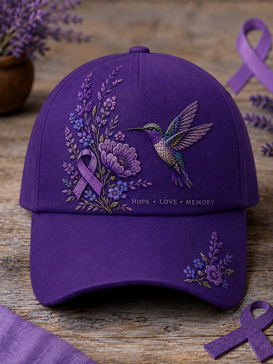 Unisex Purple Floral & Hummingbird Print Alzheimer's Awareness Support Hat