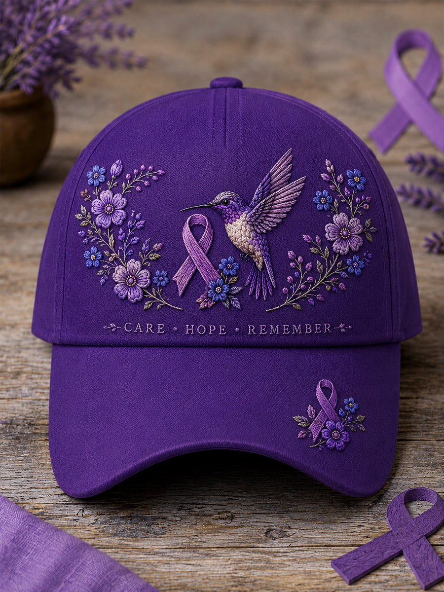 Unisex Purple Floral & Hummingbird Print Alzheimer's Awareness Support Hat