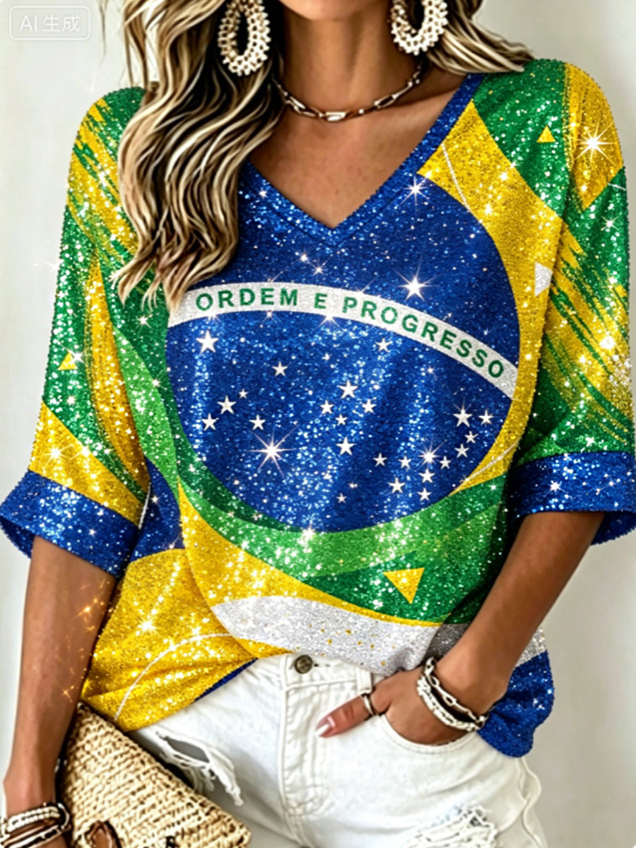 Women's Mid-length Sleeves V-Neck T-Shirt