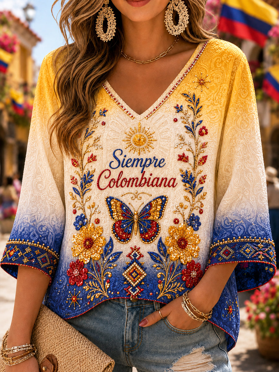 Women's Retro Colombian Ethnic-Style Floral Gradient V-Neck Top