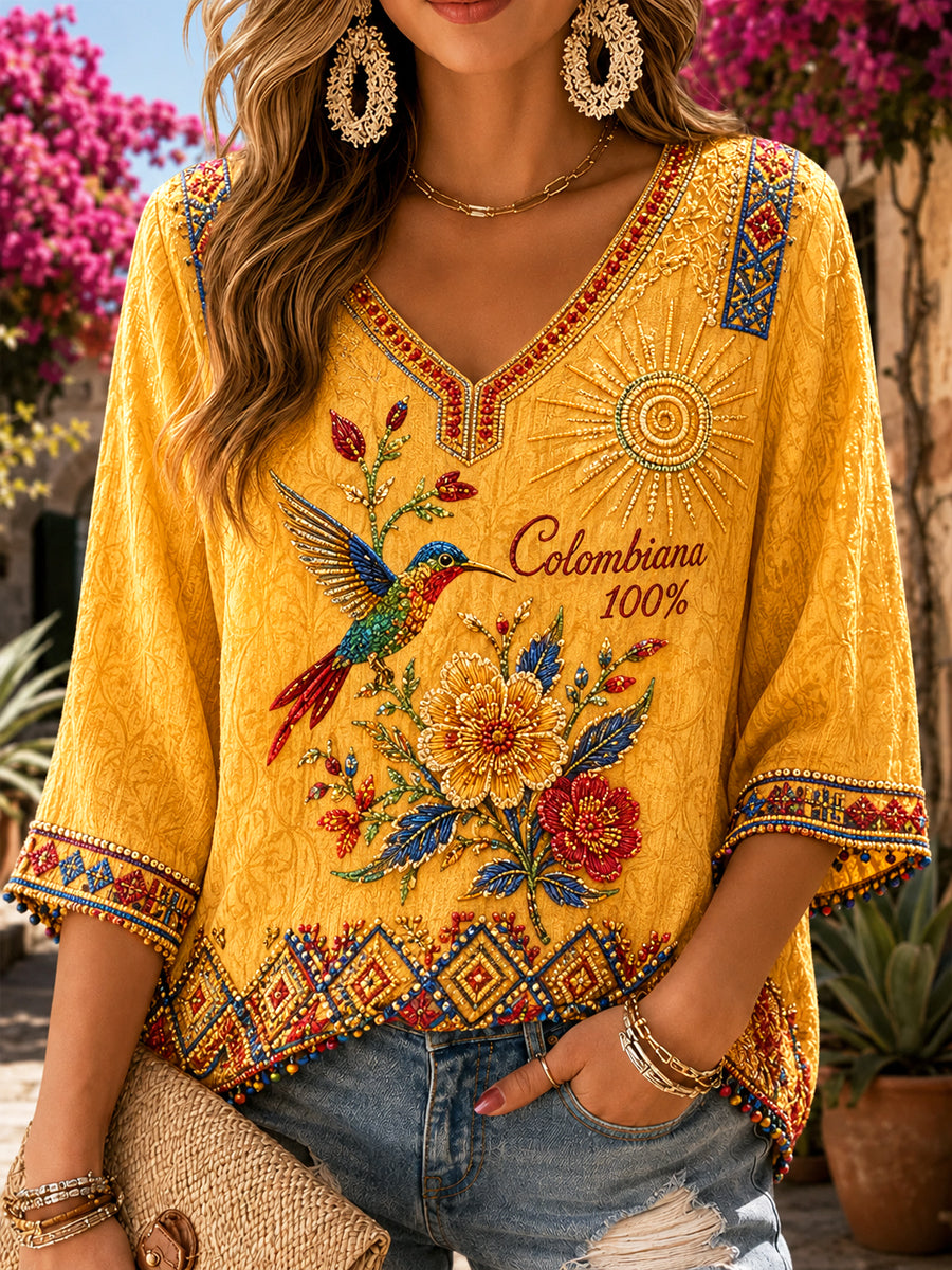 Women's Retro Colombian Ethnic-Style Floral V-Neck Top