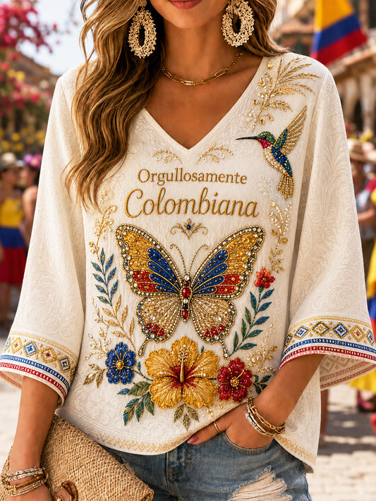 Women's Retro Colombian Floral Butterfly Art V-Neck Top