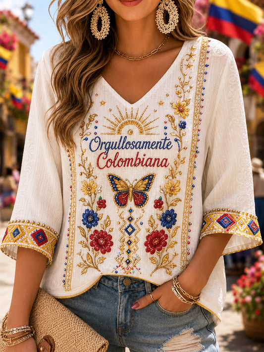 Women's Retro Columbia Floral Butterfly Classic V-Neck Top