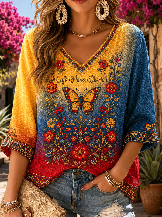 Women's Retro Columbia Floral Butterfly Gradient Casual V-Neck Top