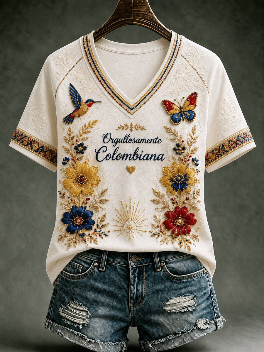Vintage Columbia Floral Hummingbird Art V-Neck T-Shirt