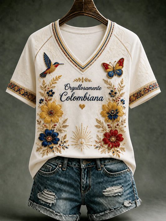 Vintage Columbia Floral Hummingbird Art V-Neck T-Shirt